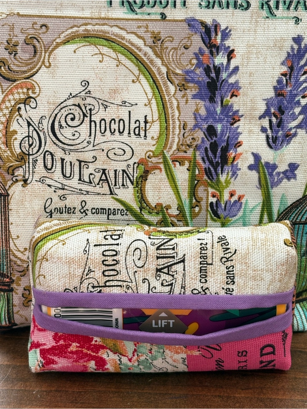 Vintage Script Lavender & Pink Canvas Cosmetic bird  in a gilded cage!